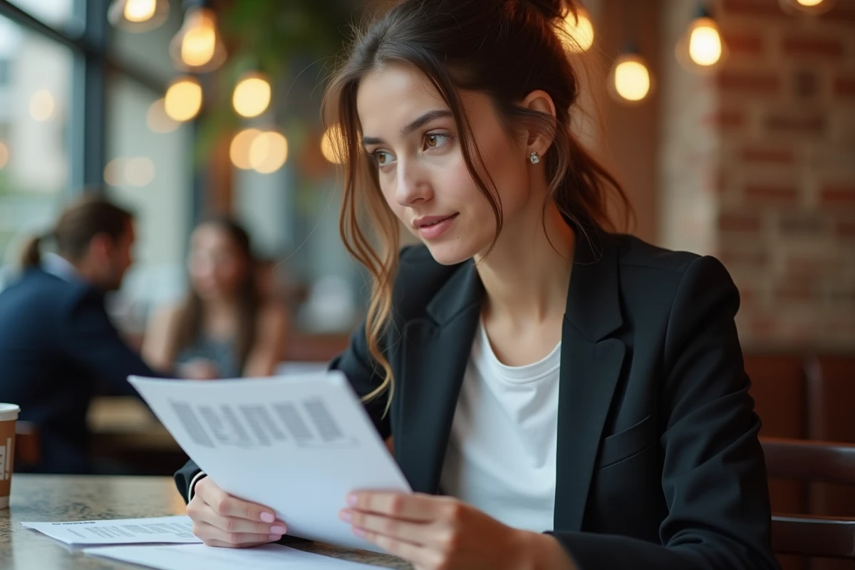 Jeune femme dans un café lisant des documents avec concentration