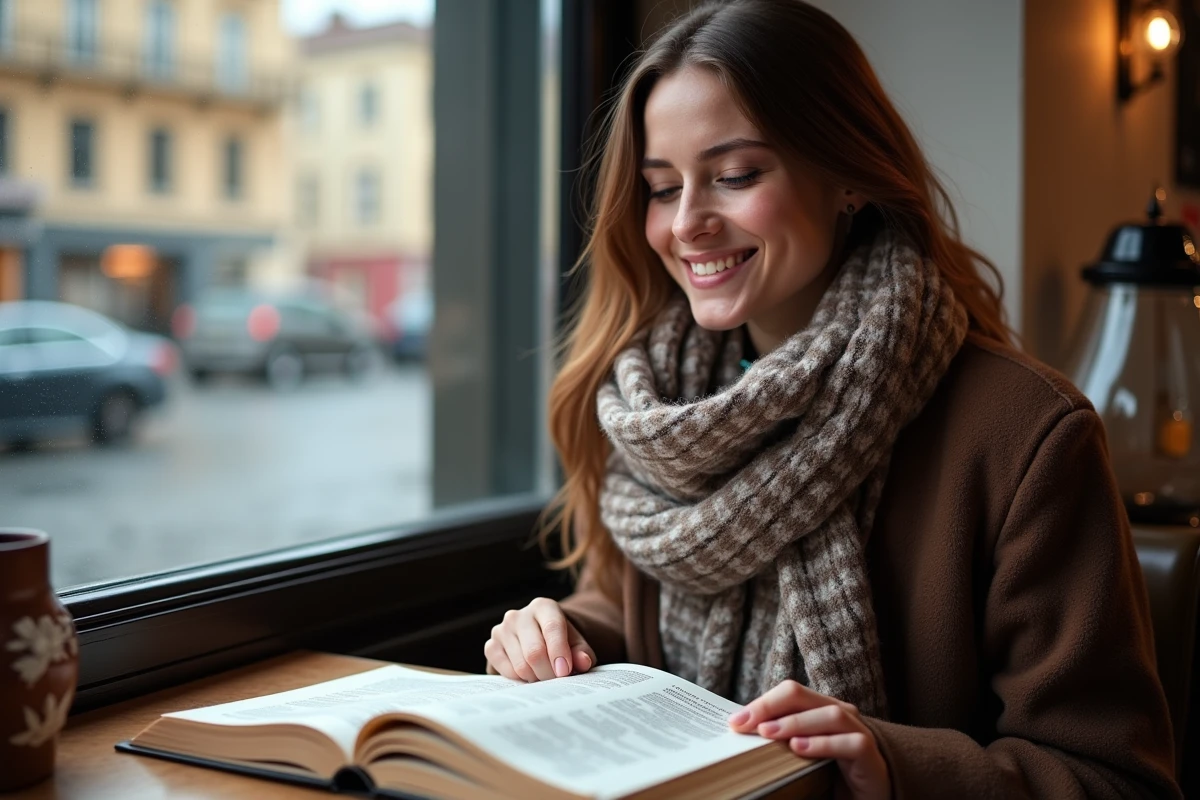 Jeune femme lisant un guide dans un café roumain