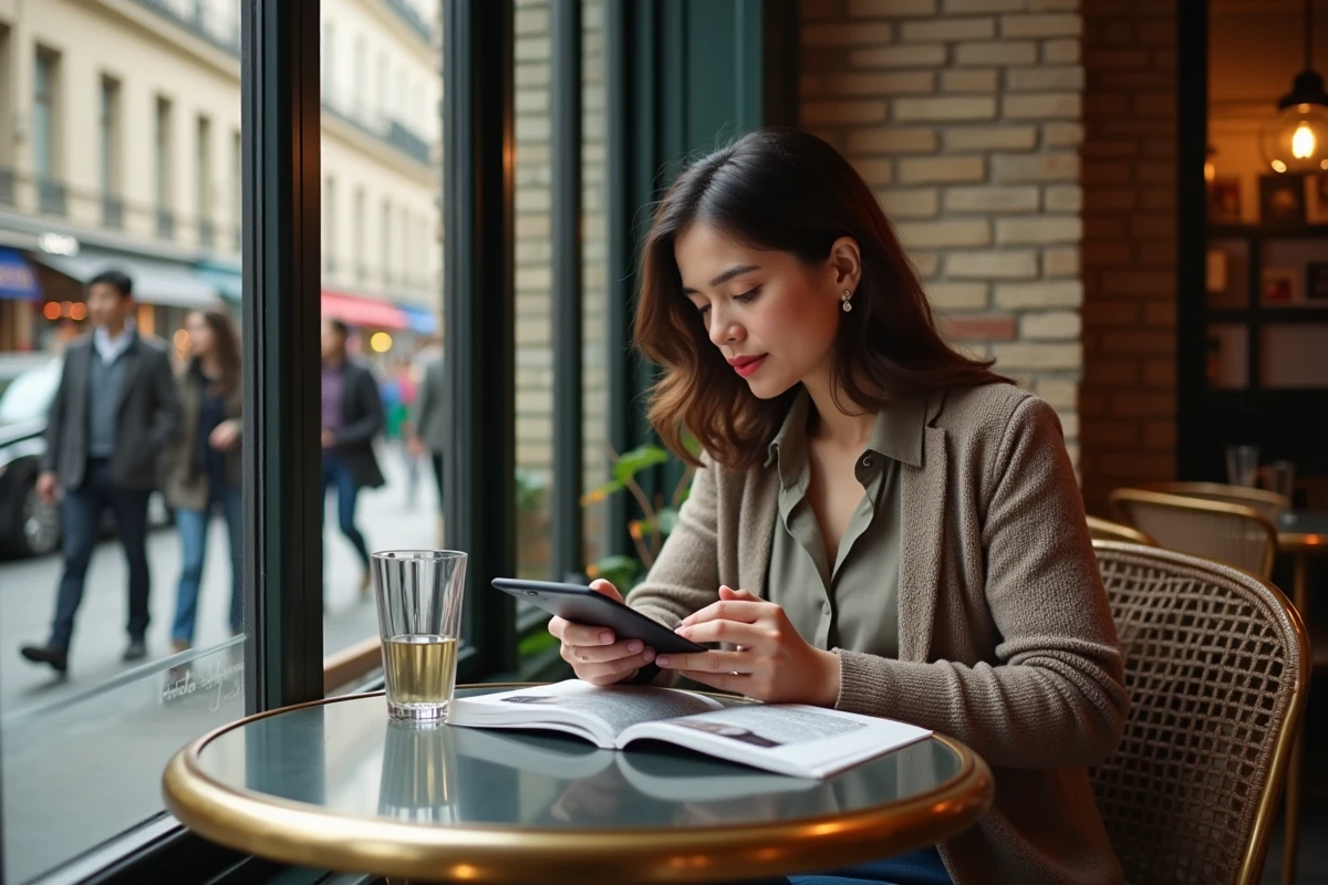 Femme lisant manga sur tablette dans un café parisien