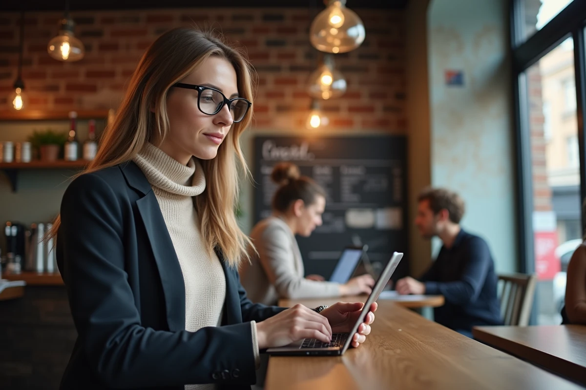 Femme avec tablette dans un café urbain en train de rechercher en ligne