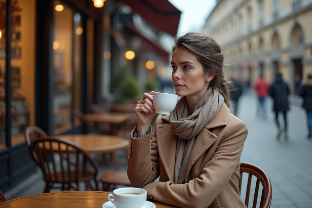 Jeune femme pensive sirotant un café en ville historique