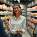 Femme souriante avec ticket et carte fidélite en supermarche