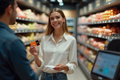 Femme souriante avec ticket et carte fidélite en supermarche