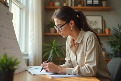 Femme organisant un calendrier semaines paires et impaires 2026 dans un bureau à domicile