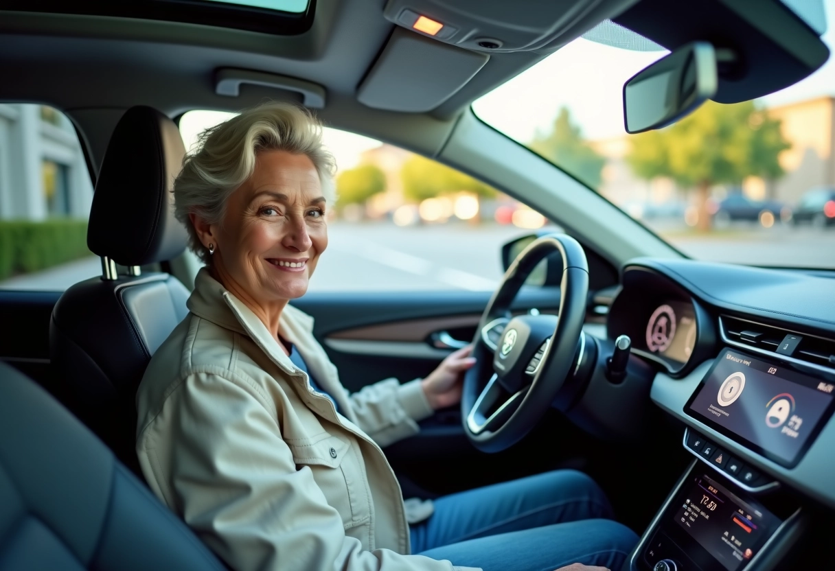 Femme dans SUV hybride au stationnement urbain