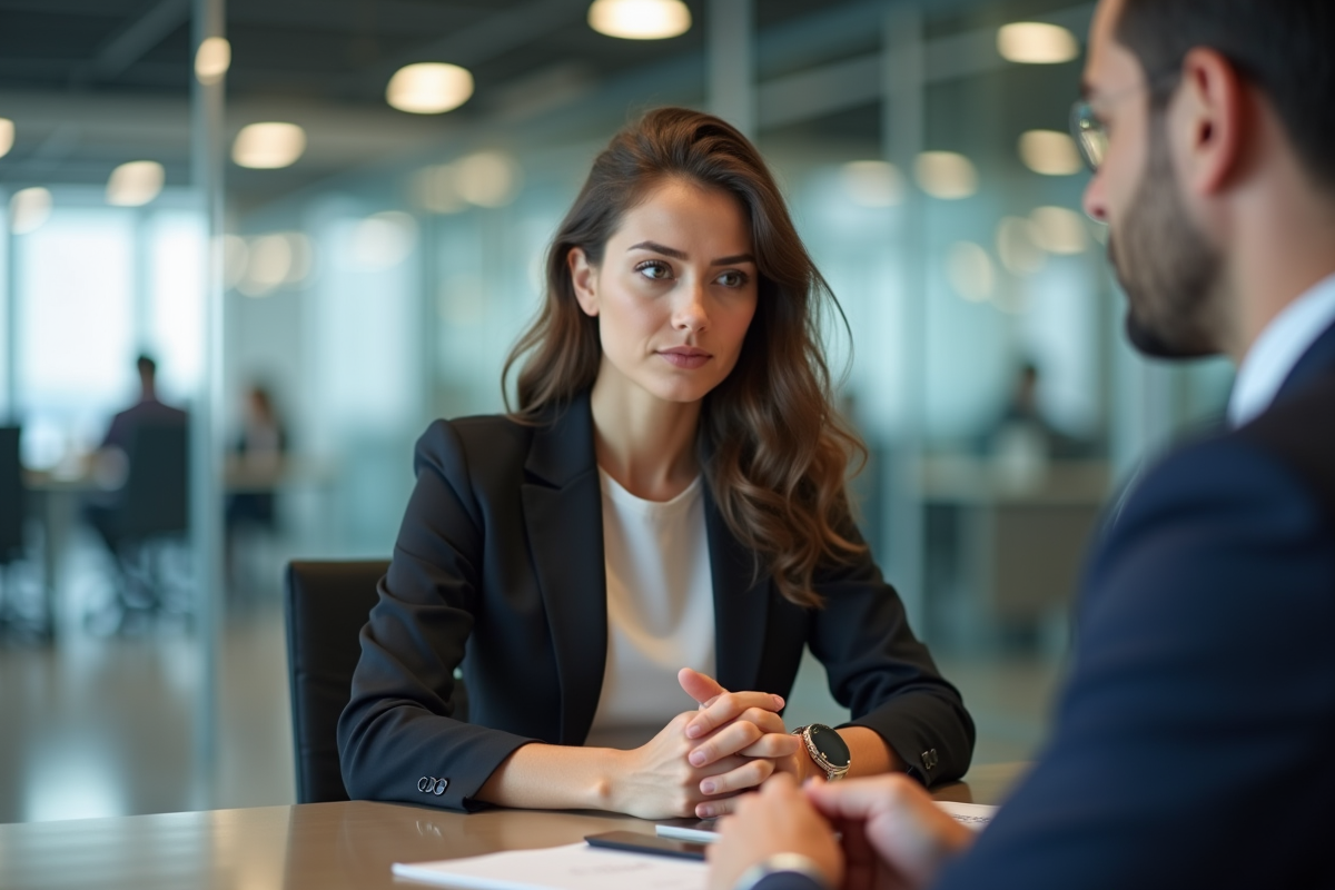 Jeune femme en entretien avec un conseiller bancaire
