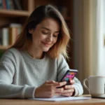 Femme consultant l'application Codycross sur smartphone pour trouver le mot de passe du jour
