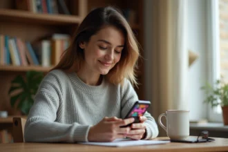 Femme consultant l'application Codycross sur smartphone pour trouver le mot de passe du jour