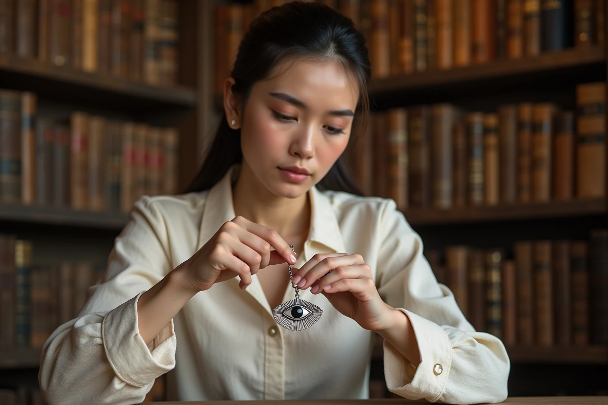 Jeune femme examinant un collier œil d'Horus en argent dans une librairie ancienne, bijou symbolique égyptien