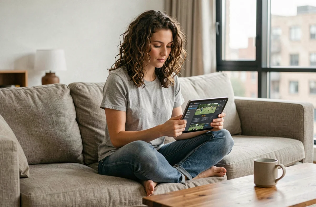 Femme débutante consultant un tutoriel de jeu Aeonscope sur tablette dans un salon moderne