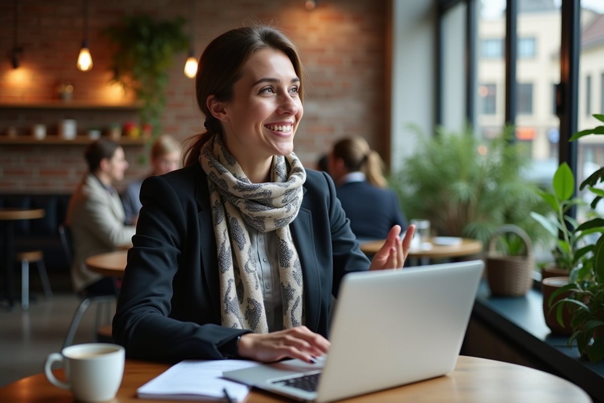 Jeune femme française souriante discutant finance dans un café