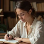 Femme écrivant des proverbes sur l'amour dans un carnet avec une plume vintage, ambiance chaleureuse et intimiste