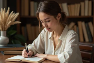 Femme écrivant des proverbes sur l'amour dans un carnet avec une plume vintage, ambiance chaleureuse et intimiste