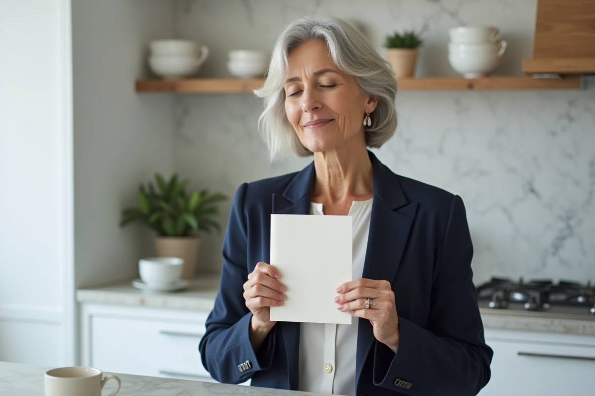 Femme élégante tenant une carte avec un proverbe sur l'amour dans une cuisine moderne minimaliste
