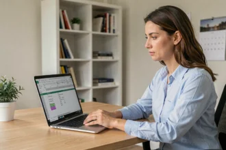 Femme consultant un tableau Excel avec des formules de calcul de jours entre deux dates sur un ordinateur portable
