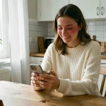 Femme souriante le matin après un rendez-vous amoureux, tenant un café et regardant son téléphone avec une expression heureuse et complice