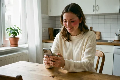 Femme souriante le matin après un rendez-vous amoureux, tenant un café et regardant son téléphone avec une expression heureuse et complice