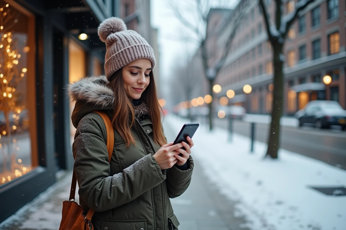 Femme en parka dans la ville enneigee avec smartphone