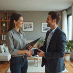 Femme d'affaires et homme souriants dans un salon moderne