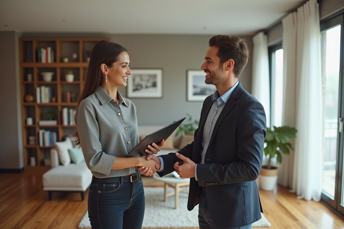 Femme d'affaires et homme souriants dans un salon moderne