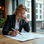 Femme d'âge moyen examinant des documents immobiliers dans un appartement moderne