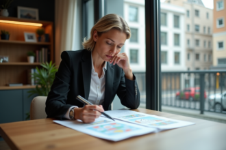 Femme d'âge moyen examinant des documents immobiliers dans un appartement moderne