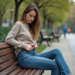 Femme assise sur un banc dans un parc urbain portant un jean délavé