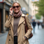 Femme élégante en trench beige ajustant ses lunettes en ville