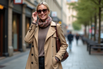 Femme élégante en trench beige ajustant ses lunettes en ville