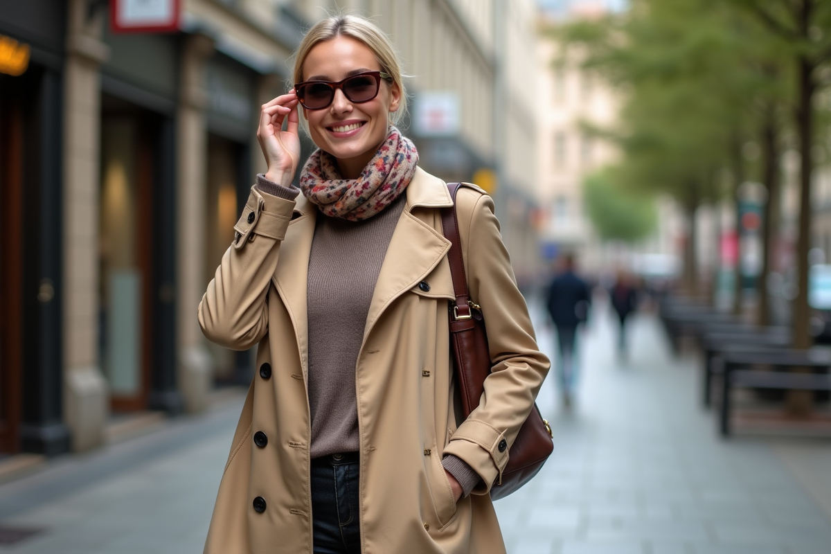 Femme élégante en trench beige ajustant ses lunettes en ville