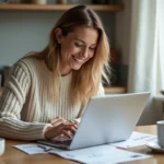 Femme assise à la cuisine revue ses documents financiers