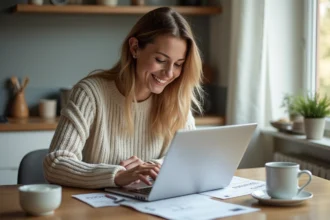 Femme assise à la cuisine revue ses documents financiers