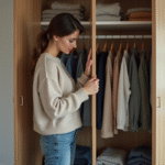 Femme organisant son placard dans une chambre moderne
