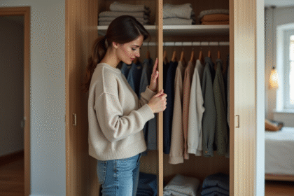 Femme organisant son placard dans une chambre moderne
