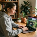 Jeune femme ajustant les paramètres d'un jeu de simulation de vie sur un ordinateur portable gaming posé sur un bureau en bois dans un espace de travail cosy