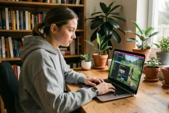 Jeune femme ajustant les paramètres d'un jeu de simulation de vie sur un ordinateur portable gaming posé sur un bureau en bois dans un espace de travail cosy