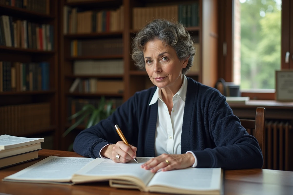 Femme pédagogue relisant ses notes dans un bureau organisé