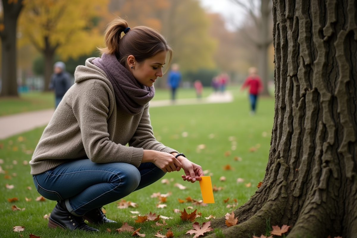 Femme accroche une énigme colorée sur un arbre dans un parc