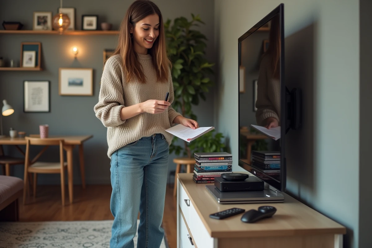Jeune femme organisant des DVD dans un salon moderne