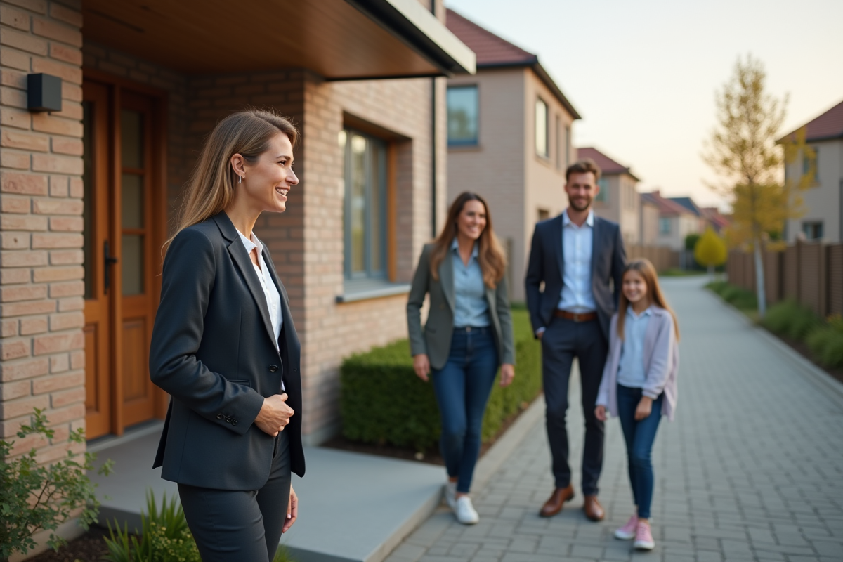 Femme professionnelle accueillant famille devant maison moderne
