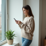 Femme vérifiant son signal mobile dans un appartement moderne