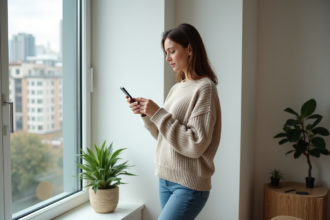 Femme vérifiant son signal mobile dans un appartement moderne