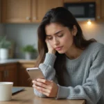 Jeune femme avec smartphone dans une cuisine moderne