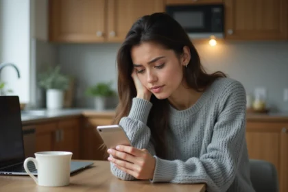 Jeune femme avec smartphone dans une cuisine moderne