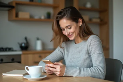 Femme consultant son smartphone pour utiliser des points de fidélité et obtenir des produits gratuits