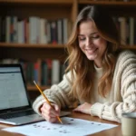 Jeune femme découvrant de nouveaux mots grâce à un solveur en ligne et une grille de mots croisés sur un bureau en bois