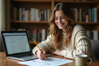 Jeune femme découvrant de nouveaux mots grâce à un solveur en ligne et une grille de mots croisés sur un bureau en bois
