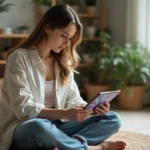 Jeune femme assise sur le sol jouant au jeu Snake sur tablette