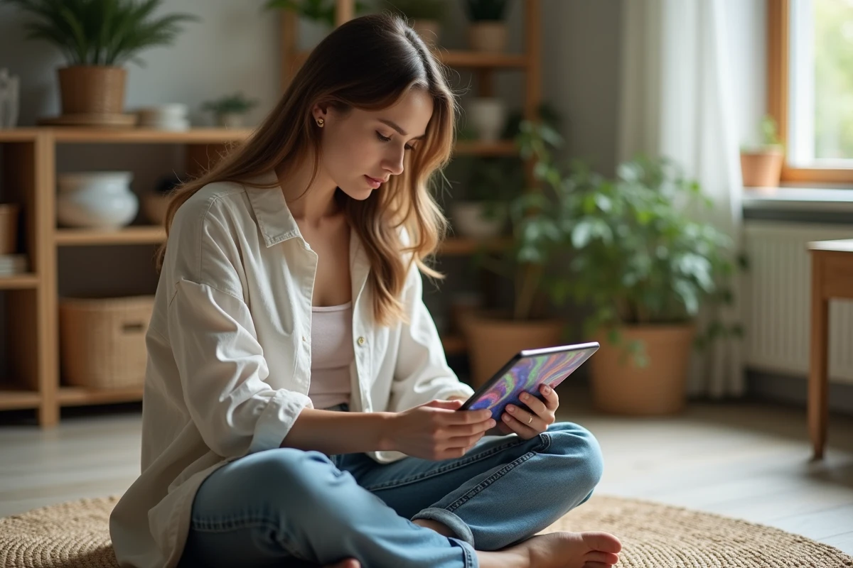 Jeune femme assise sur le sol jouant au jeu Snake sur tablette
