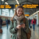 Jeune femme souriante au train station en Europe